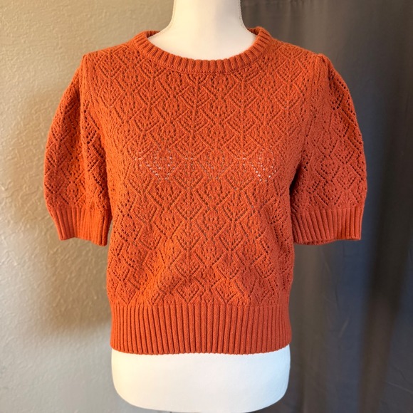 Marled Sweaters - Marled Rust Orange Pointelle Knit Puff Short Sleeve Sweater Top Womens Large